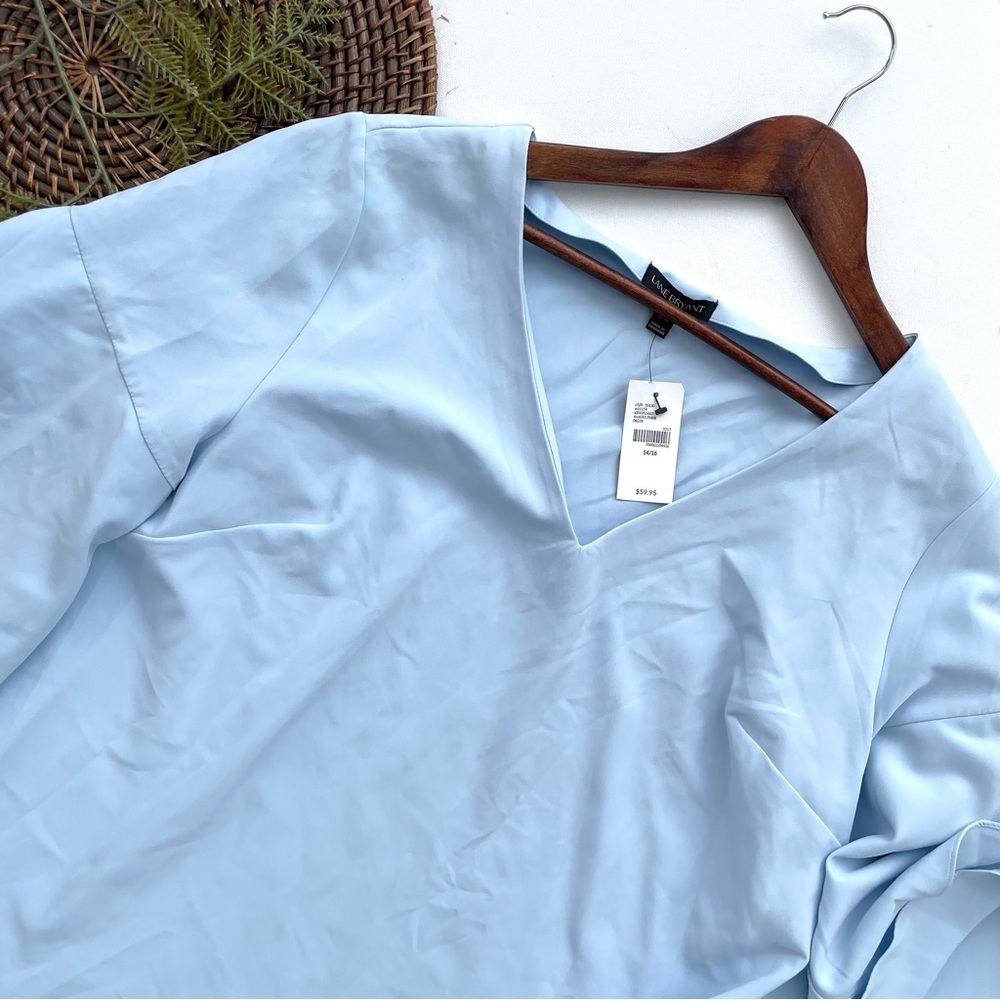 NEW Lane Bryant Womens Shirt Blouse Blue V Neck Tiered Flare Sleeve 14/16